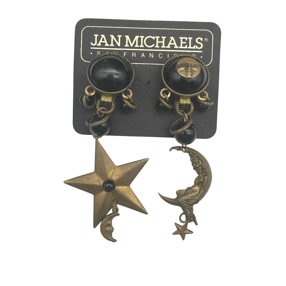 Jan Michaels San Francisco Celestial Moon Star Clip On Earrings Brass Black 80s